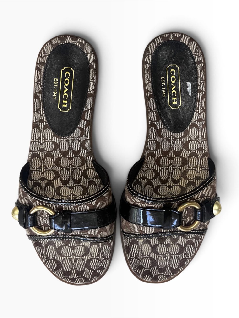 Coach Signature C Jacquard Patent Leather Slide Sandals Brown Sz 8